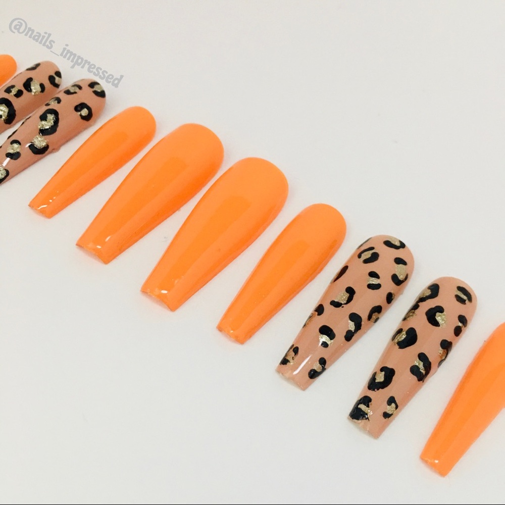 Orange Press On Nails Cheetah Print Leopard Print